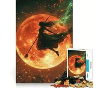 Puzzle da 1000 pezzi con silhouette di strega che vola davanti a una luna infuocata, ideale per ragazzi Giocattolo intelligente per il tempo libero, taglio preciso, regalo stagionale 50x75cm