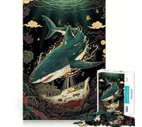 Puzzle da 1000 pezzi con squalo e nave in stile asiatico per adolescenti, ideale per migliorare la memoria, rilassare la mente e creare opere d'arte nitide 38x52cm