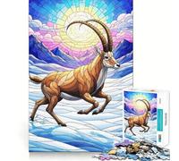 Puzzle da 1000 pezzi con stambecco in un paesaggio invernale in vetro colorato, ideale per adolescenti Gioco di logica, svago e divertimento Bordo trasparente, oggetto da collezione 38x26cm