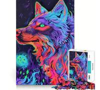Puzzle da 1000 pezzi con stampa artistica Lupo al neon per adolescenti, gioco di logica e senso, hobby tranquillo, bordi lisci, (50x75cm)