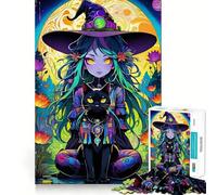 Puzzle da 1000 pezzi con strega stravagante e gatto nero per adolescenti,gioco stimolante per la mente,montaggio sicuro e stabile,divertimento assicurato per tutta la famiglia (50x75cm)