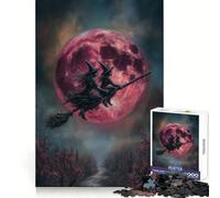 Puzzle da 1000 pezzi con streghe che volano su una scopa con luna rossa, ideale per adolescenti Stimola la creatività, stimola la mente e favorisce un'esperienza di gioco coinvolgente (38x52cm)