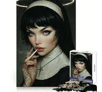 Puzzle da 1000 pezzi con suora tatuata e fumatrice con aureola, ideale per adolescenti Gioco di logica, attività per la casa, bordi trasparenti, regalo perfetto 38x26cm