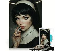Puzzle da 1000 pezzi con suora tatuata e fumatrice con aureola, ideale per adolescenti Gioco di logica, attività per la casa, bordi trasparenti, regalo perfetto 38x26cm