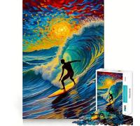 Puzzle da 1000 pezzi con surfista al tramonto e onde, ambientazione notturna stellata, ideale per ragazzi Gioco di logica, momento di relax, design di qualità, regalo perfetto 38x26cm