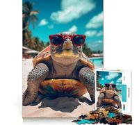 Puzzle da 1000 pezzi con tartaruga e occhiali da sole sulla spiaggia, taglio preciso, divertente sfida mentale, gioco per il tempo libero, compleanno, attività artistica (50x75cm)