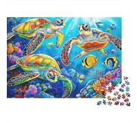 Puzzle da 1000 pezzi con tartarughe marine colorate. Gruppo di tartarughe marine colorate per giochi educativi per adulti. Bellissima decorazione, ideale come di compleanno. 52x38cm