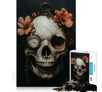 Puzzle da 1000 pezzi con teschio, fiori e orologio da tasca per adolescenti, gioco di logica e svago, bordi sottili, regalo speciale 38x26cm