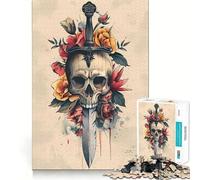 Puzzle da 1000 pezzi con teschio, spada e fiori per adolescenti, ideale per migliorare la memoria, per un relax divertente e per una collezione di opere d'arte dai tagli netti 38x52cm