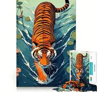 Puzzle da 1000 pezzi con tigre che guada nell'acqua tra le ninfee, ideale per adolescenti Gioco di logica e abilità, tranquillo, con taglio preciso Sorpresa di Natale 38x26cm