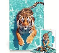 Puzzle da 1000 pezzi con tigre che nuota in acqua blu, ideale per ragazzi, gioco di società, divertimento condiviso, bordi precisi, oggetto regalo di Babbo Natale 38x26cm