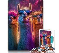 Puzzle da 1000 pezzi con tre alpaca al neon, regalo per adulti, antistress, per ammazzare il tempo durante le vacanze, con poster abbinato e foglio di quiz, 38x26cm