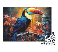 Puzzle da 1000 pezzi con tucano e uccello della giungla. Illustrazione colorata di un tucano per adulti, gioco educativo, bellissima decorazione, regalo di compleanno. 70x50 cm.