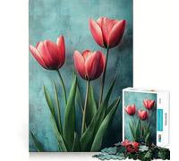 Puzzle da 1000 pezzi con tulipani rosa su sfondo verde acqua, ideale per adolescenti, gioco di logica e rilassamento, con bordi sottili e decorazioni da collezione (38x26cm)