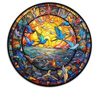 Puzzle da 1000 pezzi con uccelli in vetro colorato, puzzle rotondo interattivo per famiglie, decorazione fai da te per la casa, rompicapo stimolante (67,5x67,5 cm)