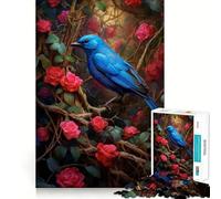 Puzzle da 1000 pezzi con uccellino blu e rosa rossa,bordo senza soluzione di continuità Gioco stimolante e divertente,ideale per momenti di svago e svago Regalo artistico di Natale 38x26cm