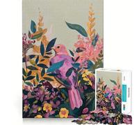 Puzzle da 1000 pezzi con uccello rosa in un giardino fiorito, ideale per ragazzi, un gioco di logica, leggero e rilassante, con taglio liscio, perfetto per decorare le pareti (50x75cm)