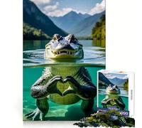 Puzzle da 1000 pezzi con un alligatore che forma un cuore nel lago, ideale per adolescenti Potere di richiamo, relax e piacere, bordi precisi, sorpresa di compleanno (50x75cm)