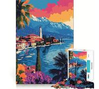 Puzzle da 1000 pezzi con un bellissimo lago italiano al tramonto,stile minimalista,perfetto per il gioco di precisione,stimolante per la mente e il gioco lento,ideale come regalo di compleanno 38x52cm