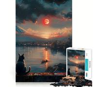 Puzzle da 1000 pezzi con un gatto che guarda il tramonto sul GiapponeGioco di squadra perfetto,attività per la mente,divertente e rilassante,ideale come regalo di Natale (38x26cm)