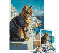 Puzzle da 1000 pezzi con un gatto che guarda Santorini ideale per compleanni Natale e come gioco divertente e umoristico per tutta la famiglia dai 14 anni in su (38x52cm)