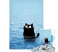 Puzzle da 1000 pezzi con un gatto nero che nuota in acqua blu Gioco educativo per sfide di apprendimento ideale come regalo o per passare il tempo durante le vacanze (dimensioni 38x26cm)