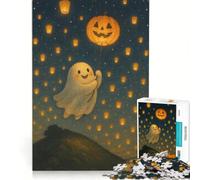 Puzzle da 1000 pezzi con un simpatico fantasma e una lanterna a forma di zucca, gioco rilassante, antistress intellettuale, collezione d'artista, belle arti 38x26cm