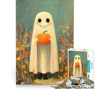 Puzzle da 1000 pezzi con un simpatico fantasma e una zucca in un campo di fiori, gioco per tutta la famiglia, attività divertenti da fare a casa, compleanno e Natale 50x75cm