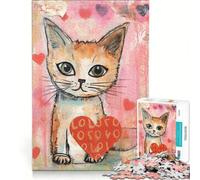 Puzzle da 1000 pezzi con un simpatico gattino di San Valentino e un cuore Tecnica mista, gioco rilassante, attività intellettuale decompressiva, collezione d'artista, belle arti 38x26cm