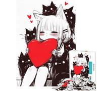 Puzzle da 1000 pezzi con una graziosa ragazza anime Neko con cuore rosso e gatti neri Un gioco avvincente per coltivare la pazienza rilassante e educativo perfetto come regalo di Babbo Natale segreto