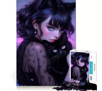 Puzzle da 1000 pezzi con un'affascinante signora dai gatti in stile gotico,gioco di concentrazione mentale,tagli di precisione,bordi lisci,attività rilassante per serate tranquille (38x52cm)