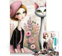 Puzzle da 1000 pezzi con un'elegante signora parigina con gatti,un gioco di precisione e divertente che stimola la mente,ideale per momenti di relax e come regalo di Natale (38x52cm)
