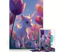 Puzzle da 1000 pezzi con unicorno e coniglietti in un campo di tulipani Gioco di abilità mentale,incastro stabile,parti che non si spostano Un passatempo divertente per i lunghi weekend (38x26cm)