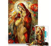 Puzzle da 1000 pezzi con Vergine Maria in vetro colorato e rose, ideale per adolescenti, gioco rilassante e antistress, taglio di alta qualità, regalo elegante 38x26cm
