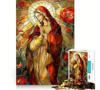 Puzzle da 1000 pezzi con Vergine Maria in vetro colorato e rose per adolescenti, gioco stimolante per la mente, ideale per il relax, con taglio preciso 38x52cm