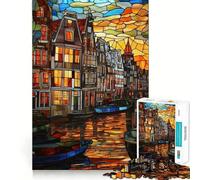 Puzzle da 1000 pezzi con vetrata artistica raffigurante il canale di Amsterdam, ideale per adulti, un gioco per allenare la mente, divertente e di precisione 50x75cm
