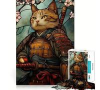 Puzzle da 1000 pezzi con vetrata raffigurante un gatto samurai, ideale per ragazzi, un gioco di logica e divertimento silenzioso, con tagli precisi e un regalo perfetto (38x26cm)