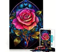 Puzzle da 1000 pezzi con vetrata raffigurante una rosa rossa, ideale per adulti, un gioco di logica e svago, con bordi definiti e un oggetto da collezione (38x26cm)