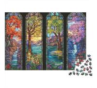 Puzzle da 1000 pezzi con vetrate artistiche raffiguranti le stagioni e un lago, ideale per giochi educativi per adulti, decorazioni per la casa e difficoltà, Dimensioni: 70x50 cm