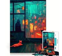 Puzzle da 1000 pezzi con vista della città sotto la pioggia e gatti, ideale per ragazzi, un passatempo rilassante, con bordi precisi (50x75cm)