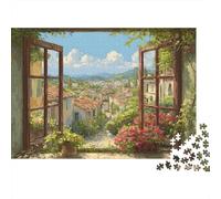 Puzzle da 1000 pezzi con vista su un villaggio europeo e una valle panoramica vista da una finestra aperta, per adulti. Gioco educativo, bella decorazione, ideale come Dimensioni: 52x38 cm.