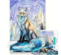 Puzzle da 1000 pezzi con volpe in vetro colorato in un paesaggio ghiacciato, ideale per ragazzi, gioco di logica, attività per la casa, bordi trasparenti, regalo perfetto 38x52cm