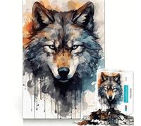 Puzzle da 1000 pezzi con volto di lupo ad acquerello per adulti,gioco di potenziamento mentale,taglio laser per un incastro perfetto,divertimento in famiglia,attività serale (38x26cm)
