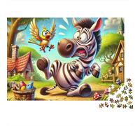 Puzzle da 1000 pezzi con zebra dei cartoni animati che corre e uccello giallo. Adatto ad adulti dai 12 anni in su. Gioco educativo per la decorazione della casa. 70x50 cm.