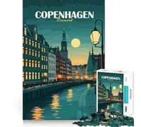 Puzzle da 1000 pezzi "Copenaghen,Danimarca,panorama urbano di notte" Gioco di assemblaggio pulito Regalo intelligente Gioco rilassante Decorazione natalizia Regalo (38x52cm)