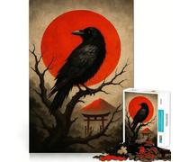 Puzzle da 1000 pezzi "Corvo appollaiato contro sole rosso e torii" per adolescenti, gioco di logica fine, divertimento rilassante, decorazione murale con bordi puliti (50x75cm)