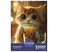 Puzzle Da 1000 Pezzi Cute Cat with Boba Tea Puzzle Per Adulti Giochi Rilassanti Sfida Difficile Divertimento A Casa Attività, 38x26cm/1000pcs