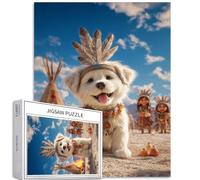 Puzzle da 1000 pezzi di cane con copricapo di piume, per adulti, falò, sfondo, puzzle colorato fai da te, per la decorazione della casa, regali, puzzle per famiglia, perfetto per serate di gioco, 50 x