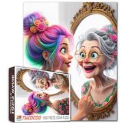 Puzzle da 1000 pezzi di vecchia donna che guarda allo specchio per adulti colorati capelli rosa accessori per capelli impegnativi per la famiglia o gli amici gioco relax intrattenimento attività