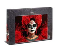 Puzzle da 1000 pezzi "Dia de los Muertos" - Ritratto con pittura artistica del viso e corona di fiori rossi, motivo di carattere espressivo, qualità puzzle, made in Germany